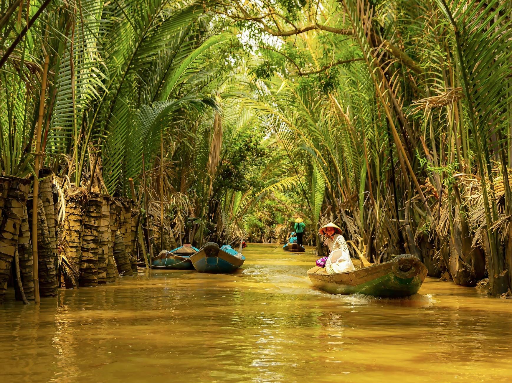 Pequeñas embarcaciones con personas que llevan sombreros tradicionales navegan por exuberantes canales bordeados de palmeras en el sur de Vietnam, rodeados de densa vegetación verde y agua lodosa del río.