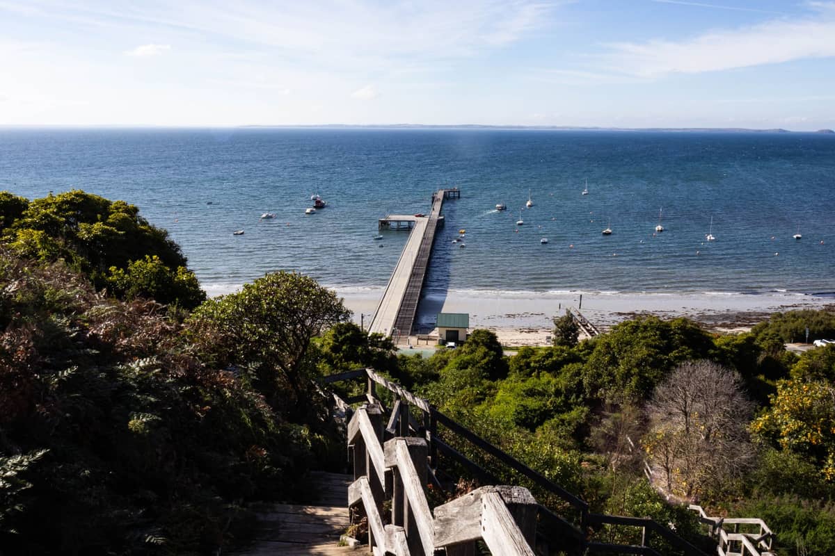 Gradini in legno che scendono tra il verde verso un lungo molo con barche ormeggiate, acque blu della baia e orizzonte lontano.