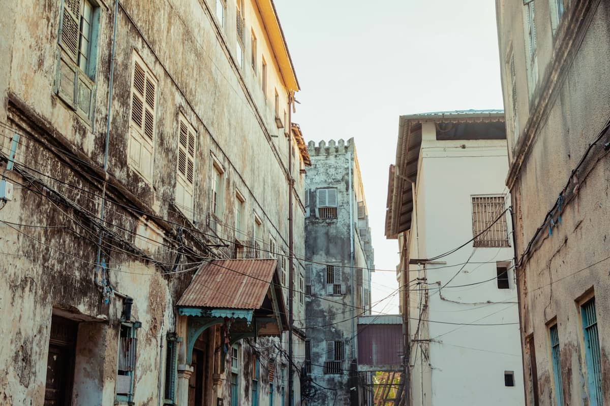 Vista di una stretta via di Stone Town fiancheggiata da edifici storici e vissuti con persiane in legno e un merlo sul tetto, che illustra il ricco patrimonio stratificato di Zanzibar.