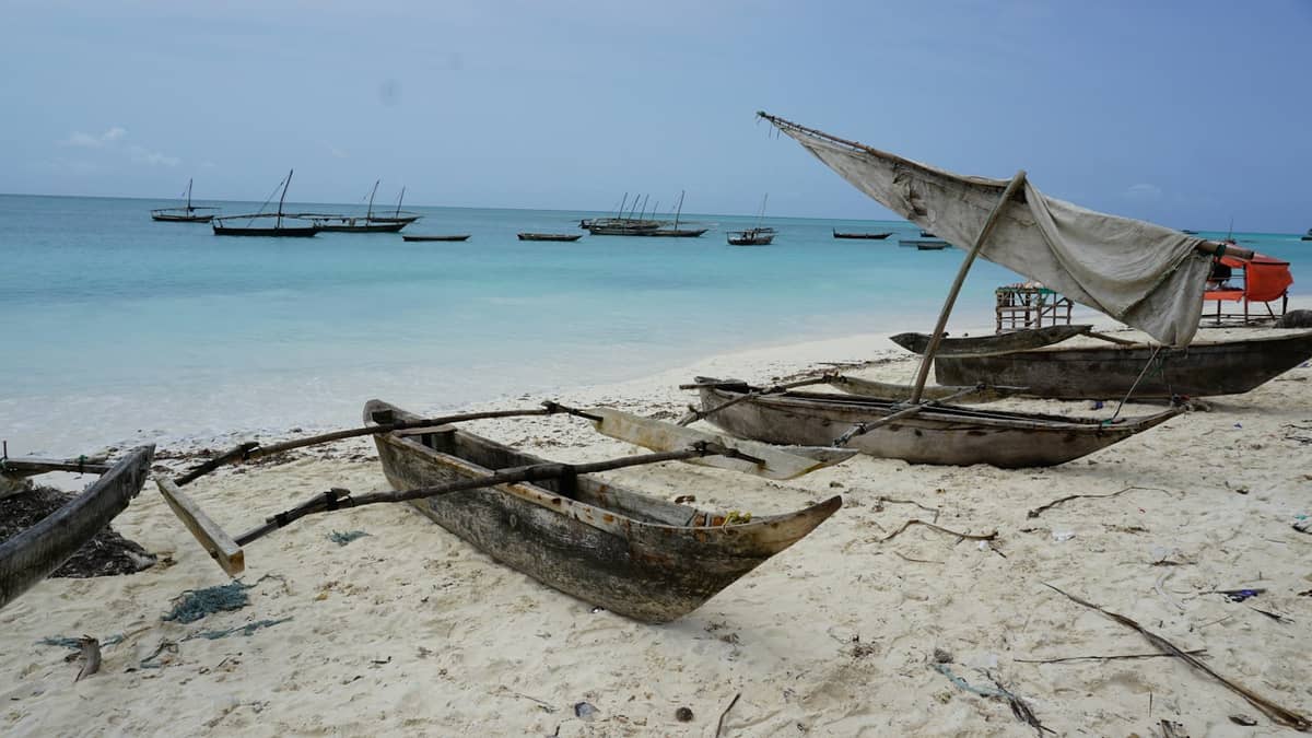 Tradizionali barche da pesca in legno riposano sulla morbida sabbia bianca accanto ad acque turchesi, con diversi dhow ancorati al largo sotto un cielo azzurro pallido.