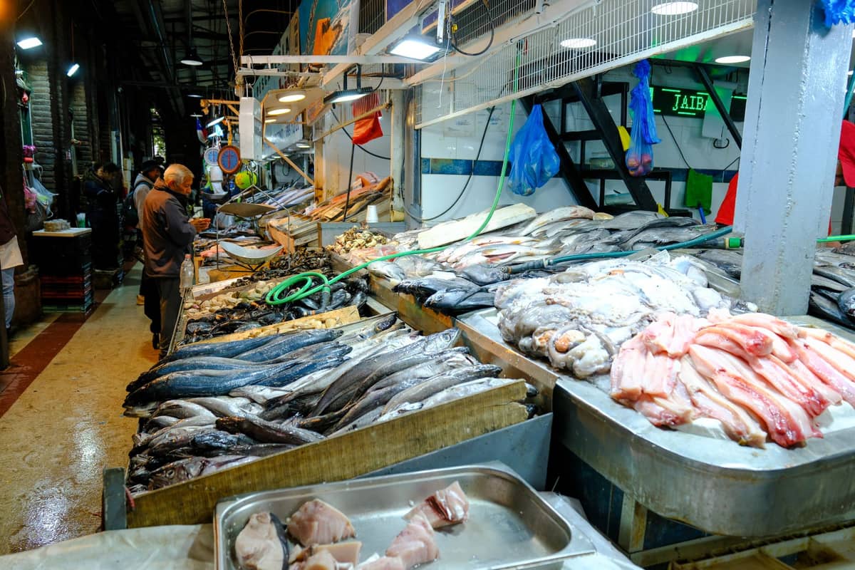 Überdachter Fischmarkt in Doha mit verschiedenen frischen Fischen auf Eis und Menschen, die unter hellen Lichtern die Stände durchstöbern.