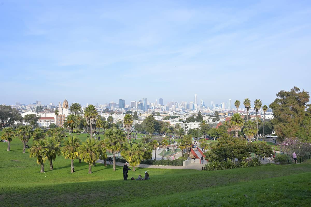 Vista panorámica de Mission Dolores Park con palmeras, personas descansando en el pasto y el skyline de San Francisco al fondo en un día despejado.