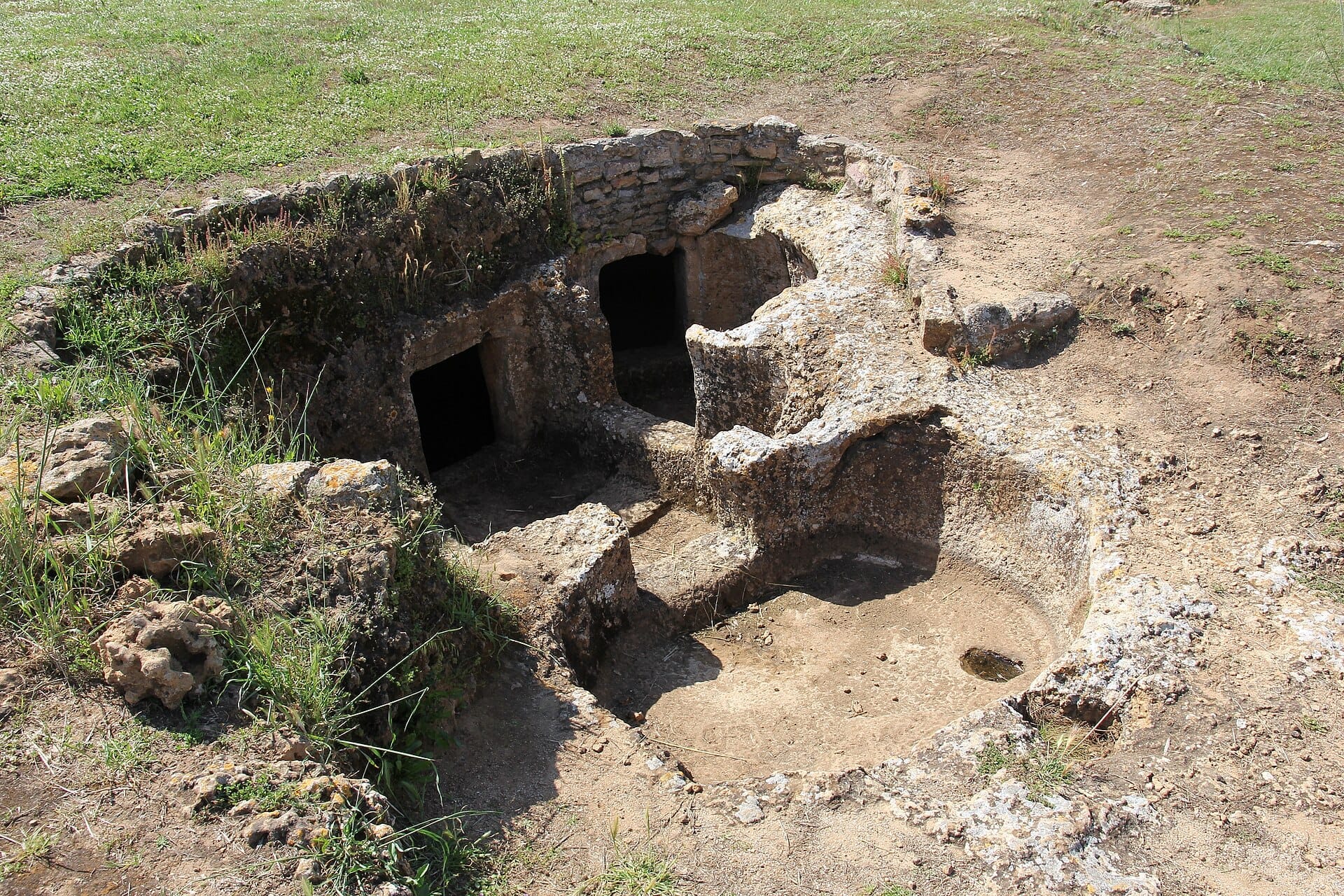 Blick auf die antiken Felsengräber bei Domus de Janas di Anghelu Ruju, mit freigelegten Sandsteinkammern in einer offenen Grasfläche.