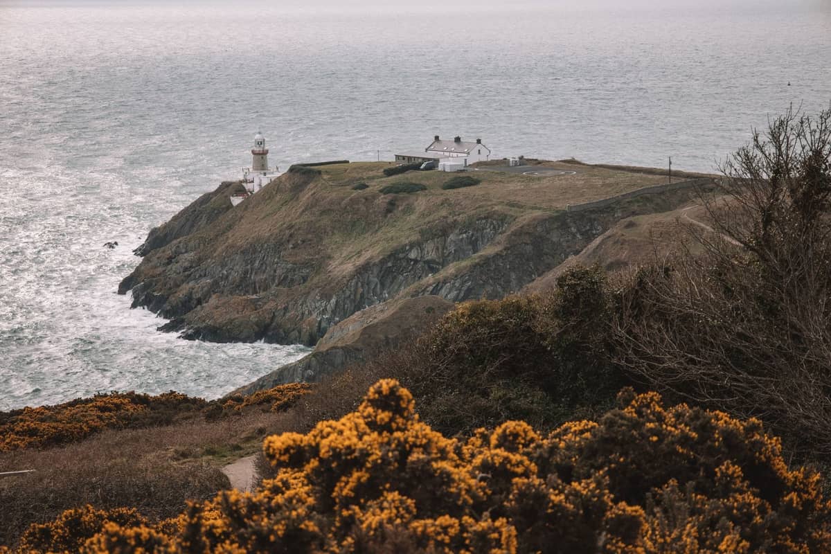 Blick auf die Klippen und den Leuchtturm von Howth Head mit Blick auf die Irische See, mit Küstenpfad und Stechginster im Vordergrund unter bewölktem Himmel.