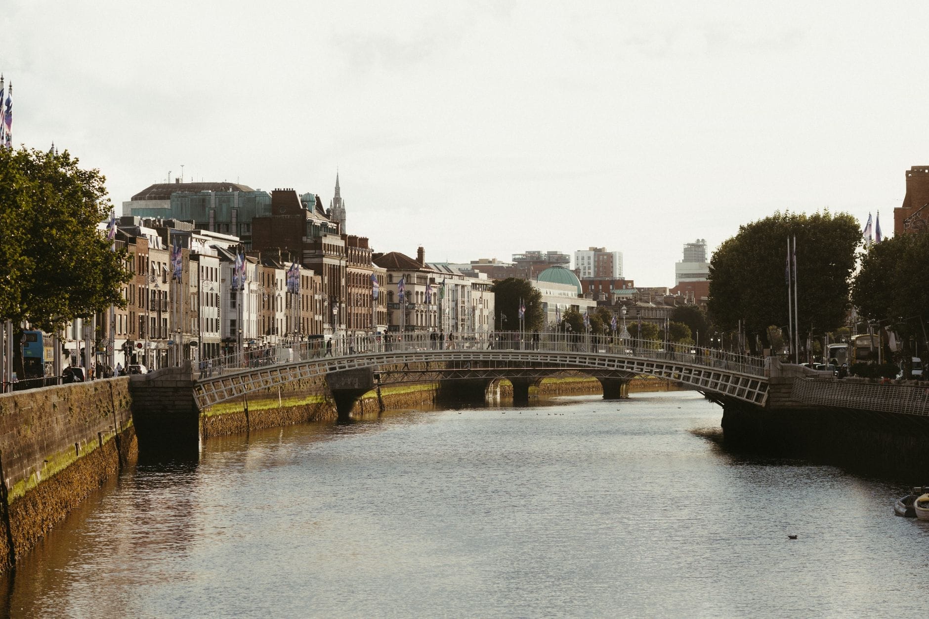 Vista da icônica Ha'penny Bridge sobre o Rio Liffey, em Dublin, com prédios históricos, árvores e a paisagem urbana ao fundo em um dia nublado.