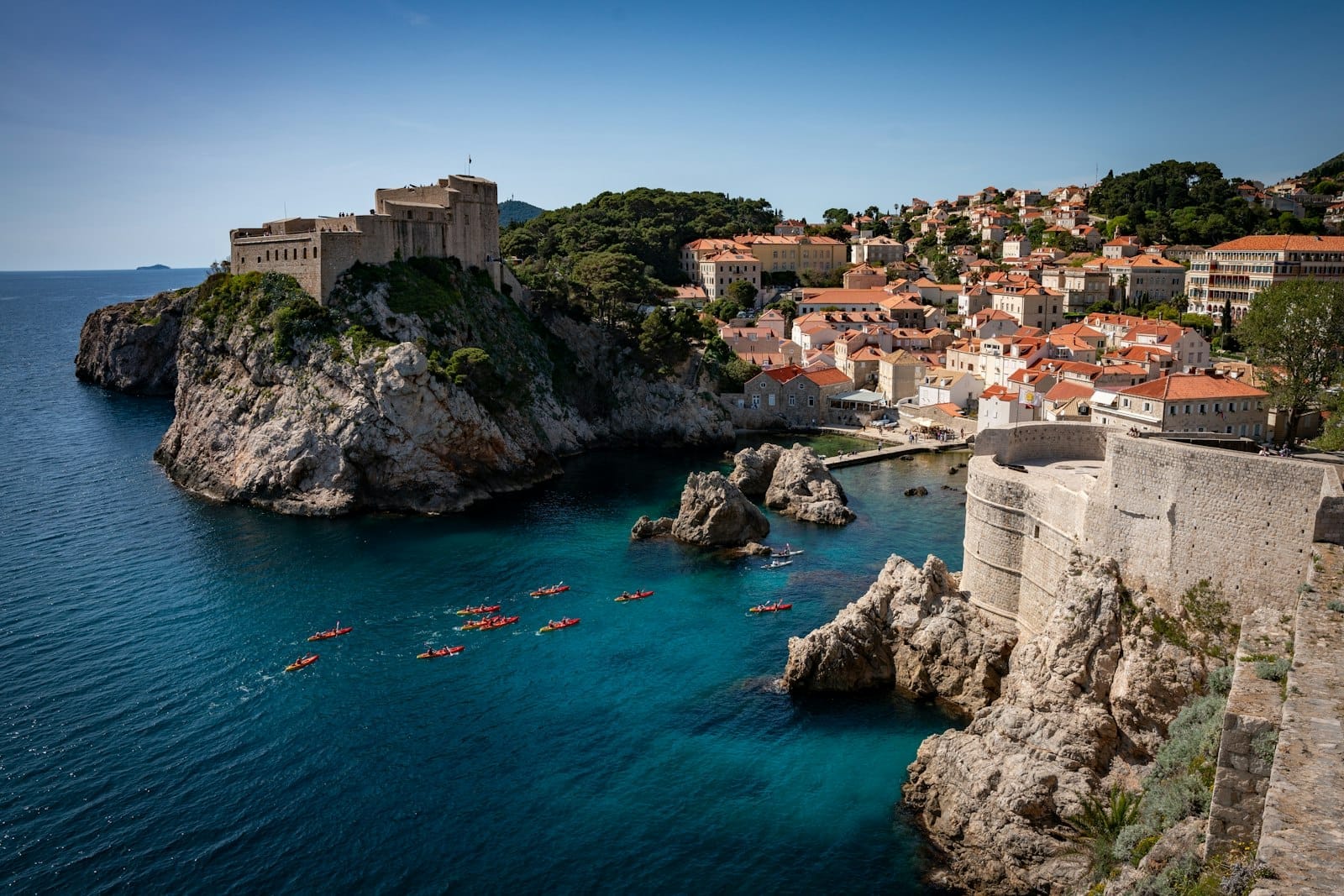 Vue des remparts de la vieille ville de Dubrovnik au-dessus de la mer, avec de nombreux kayakistes pagayant le long du littoral près de falaises rocheuses et de fortifications historiques.
