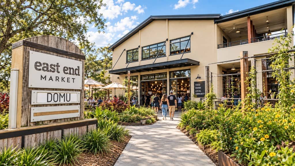 Eingang zum East End Market in Orlando: ein Gartenweg zu einem zweistöckigen cremefarbenen Gebäude und ein hölzernes Schild davor. KI-Darstellung.