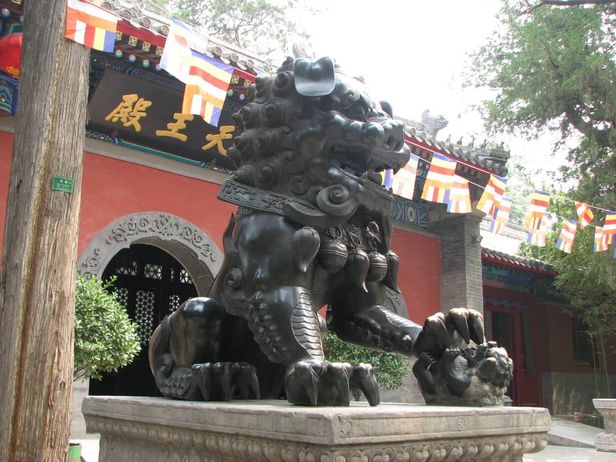 Bronzestatue eines Wächterlöwen vor dem Eingang des Fayuan-Tempels, mit bunten tibetischen Gebetsfahnen und traditionellen chinesischen architektonischen Details.