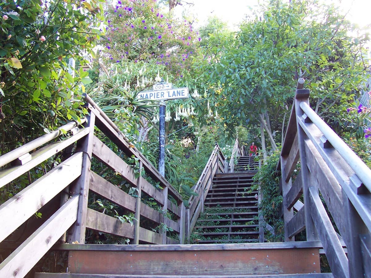 Die Holztreppen der Filbert Steps führen durch üppiges Grün und blühende Blumen hinauf, mit einem Straßenschild der Napier Lane auf der linken Seite.