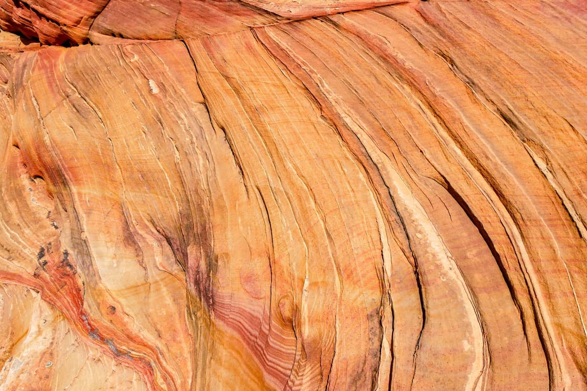 Close-up tekstur batu pasir Aztec bergelombang merah, pink, dan putih di Fire Wave Trail, Valley of Fire State Park, Nevada.