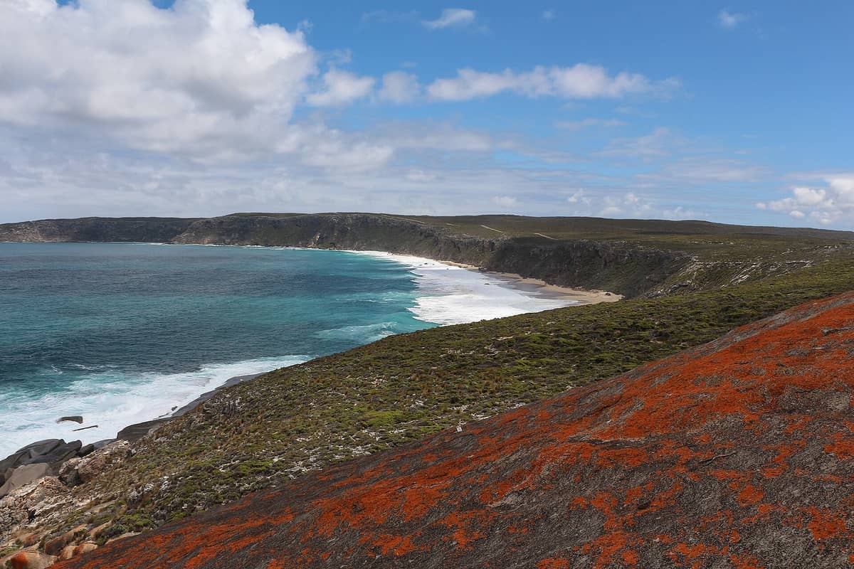 A sweeping coastal view of Flinders Chase National Park with rugged cliffs, turquoise ocean, rocky shoreline, and orange lichen-covered boulders beneath a partly cloudy sky.