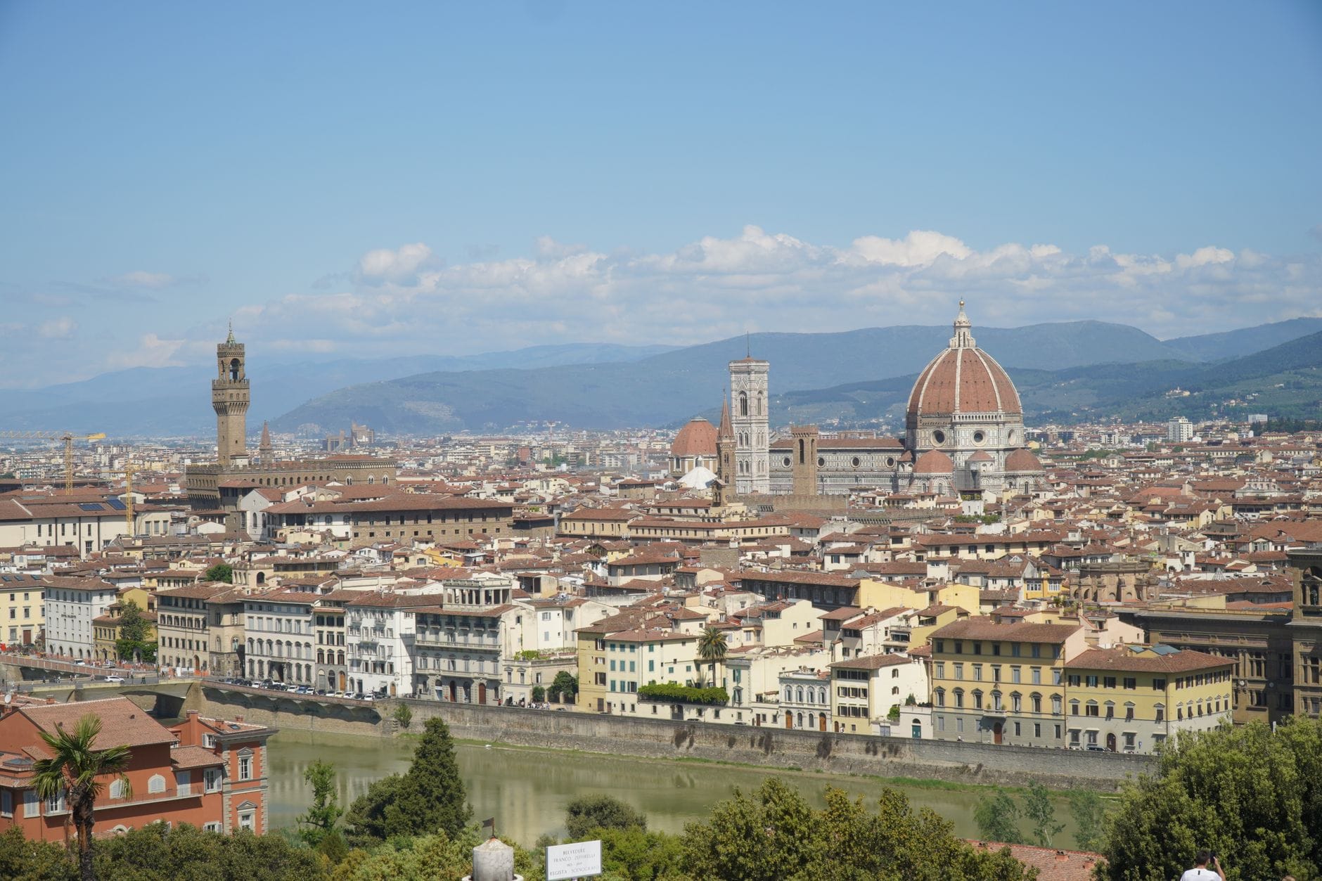 วิวกว้างของใจกลางเมืองฟลอเรนซ์พร้อม Duomo, Palazzo Vecchio และแม่น้ำ Arno ใต้ท้องฟ้าสีฟ้าแจ่มใส