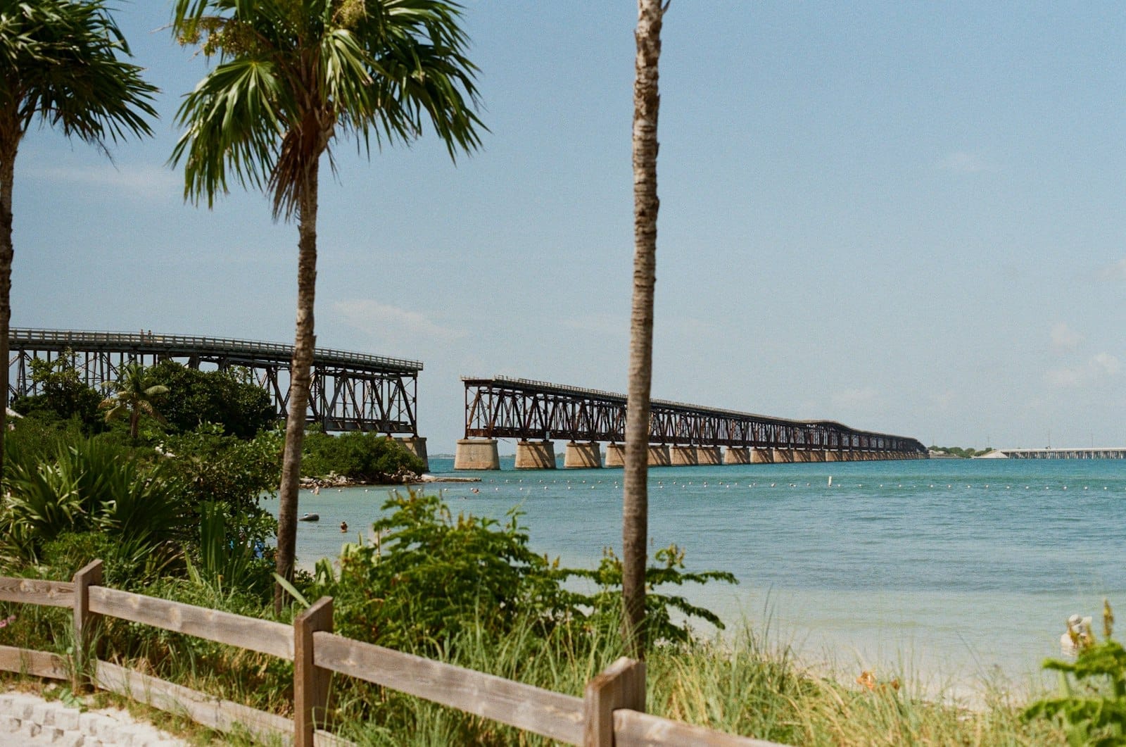 A antiga ponte ferroviária de Bahia Honda se estende sobre águas turquesas, emoldurada por palmeiras e vegetação de praia sob um céu ensolarado dos Florida Keys.