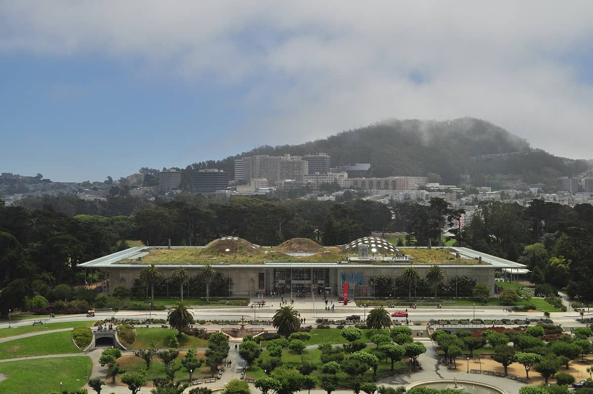 Landschaftsansicht des California Academy of Sciences Museums im Golden Gate Park, San Francisco, mit seinem ikonischen begrünten Dach und dem umgebenden Parkgrün.