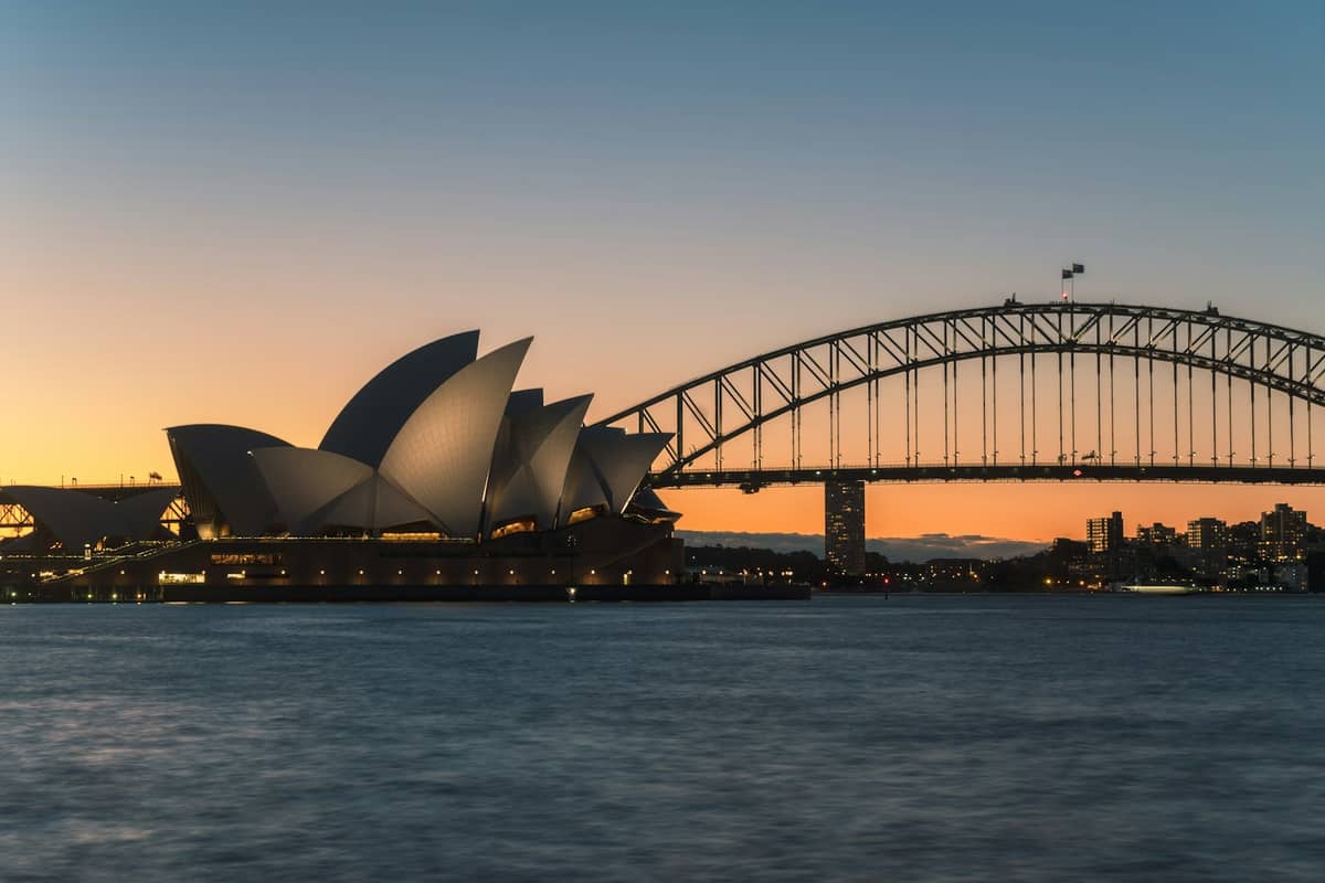 Wide view of Sydney Opera House and Sydney Harbour Bridge at sunset with water in the foreground, iconic city landmarks and viewpoints.