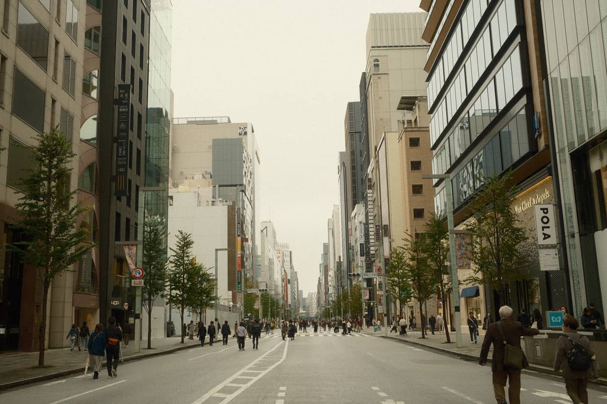 Wide city street in Tokyo's Ginza district, lined with modern buildings and people walking, showcasing a vibrant walking area.