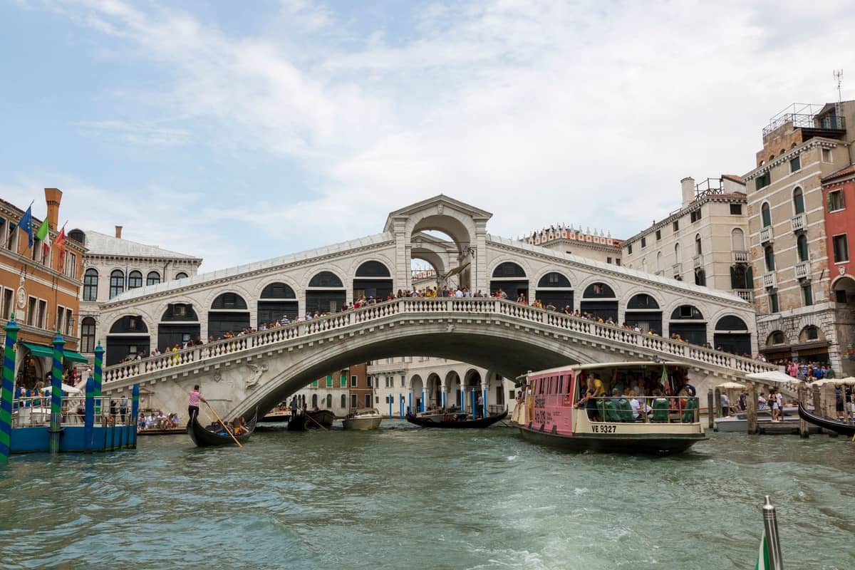 Weitwinkelansicht der Rialtobrücke in Venedig über den Canal Grande, mit Booten und bunten historischen Gebäuden an beiden Ufern unter blauem Himmel.