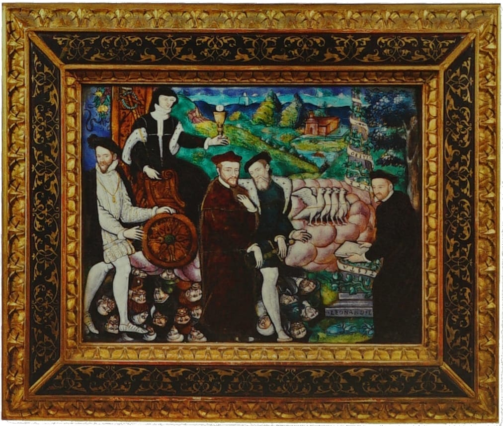 Dipinto rinascimentale incorniciato 'Il Trionfo dell'Eucaristia e della Fede Cattolica' di Leonard Limousin con cinque figure in abiti elaborati e uno sfondo pastorale vivace, esposto alla The Frick Collection.