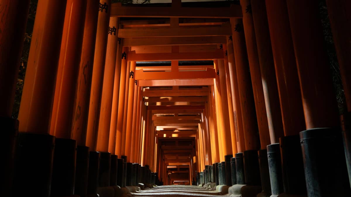 Nighttime view under Kyoto’s iconic Fushimi Inari red torii gates, pathway empty and warmly lit, emphasizing the shrine’s always-open accessibility.