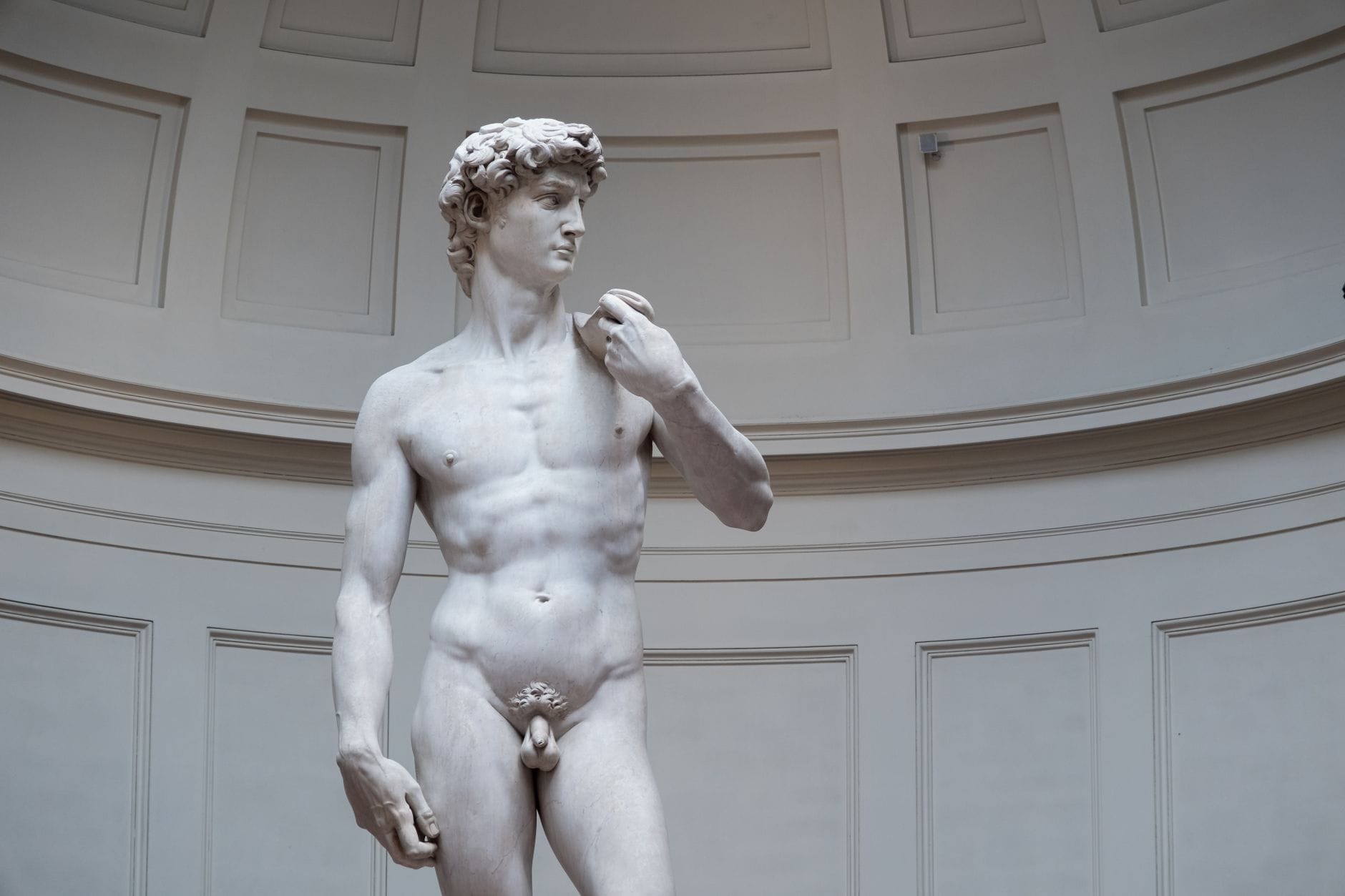 รูปปั้นเดวิดของมีเกลันเจโล อยู่ใต้โดมกระจกใน Galleria dell’Accademia เมืองฟลอเรนซ์ มองเห็นเต็มตัว