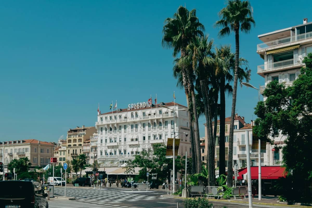 Straßenansicht in Cannes mit Palmen, einem Hotel und Autos an einem Fußgängerüberweg unter klarem blauen Himmel