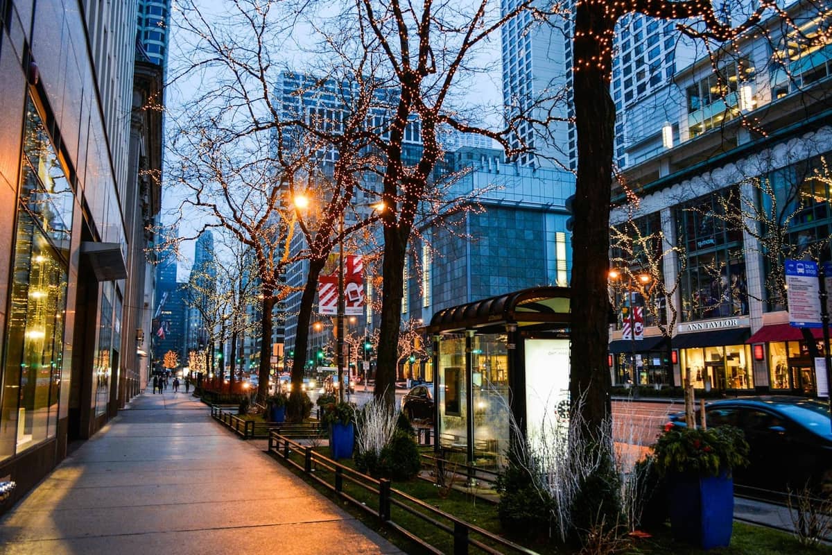 Well-lit Chicago downtown street with decorated trees, a bus stop shelter, and surrounding high-rise buildings at dusk.