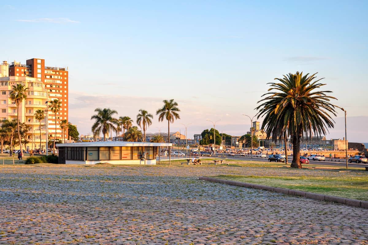 วิวกว้างที่สวยงามของทางเดินเลียบชายฝั่ง Rambla ในเมืองมอนเตวิเดโอ พร้อมต้นปาล์ม ริมน้ำ อาคารอพาร์ตเมนต์สมัยใหม่ และผู้คนบางส่วนที่เดินอยู่เบื้องหน้าไกลออกไป