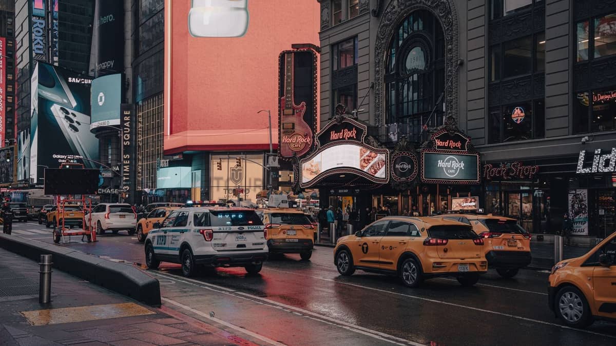 Szene am Times Square mit mehreren gelben NYC-Taxis, die am Hard Rock Cafe und hell erleuchteten Werbetafeln vorbeifahren.