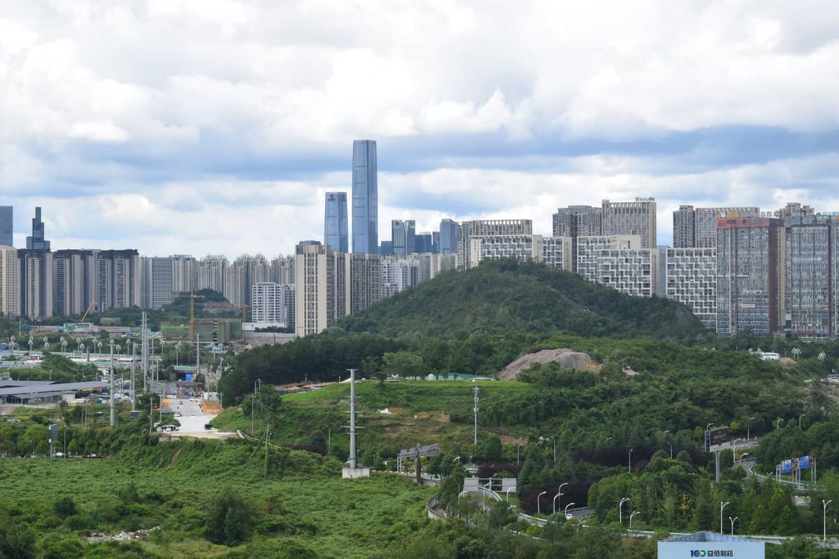 Ampla paisagem urbana de Shenzhen com torres modernas, edifícios residenciais e uma colina verde sob um céu nublado, ilustrando a geografia da cidade.