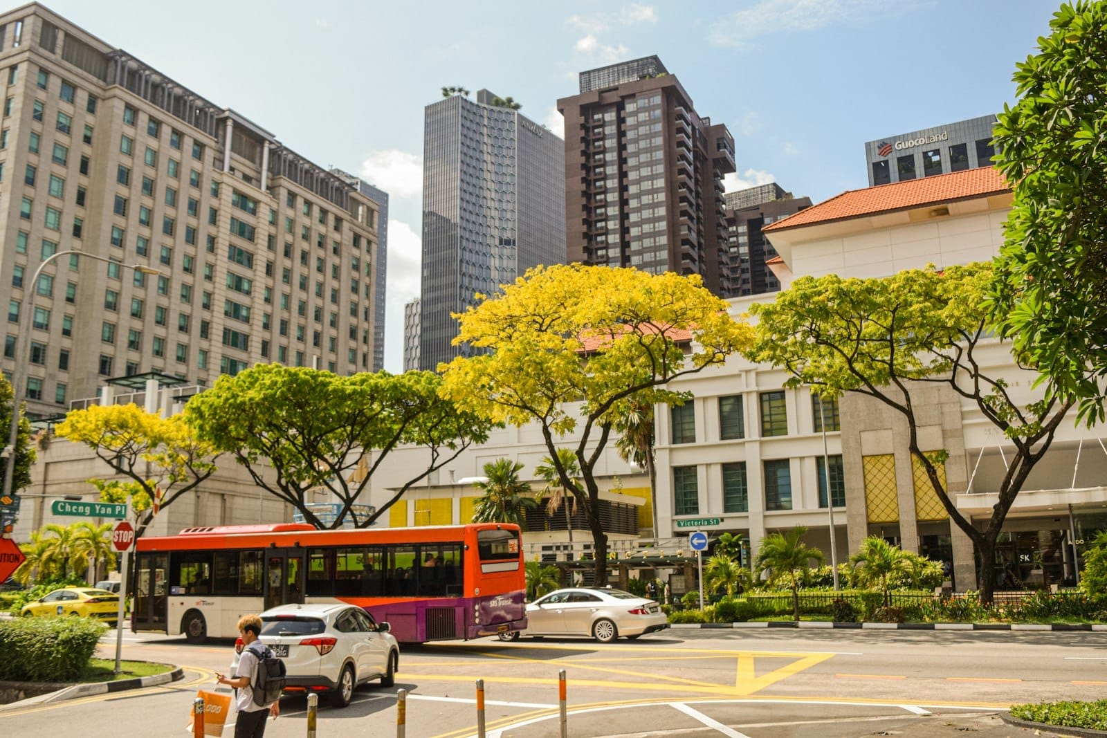 Cena urbana de Singapura com ônibus público, carros, prédios modernos e árvores exuberantes durante o dia, retratando o transporte na cidade.