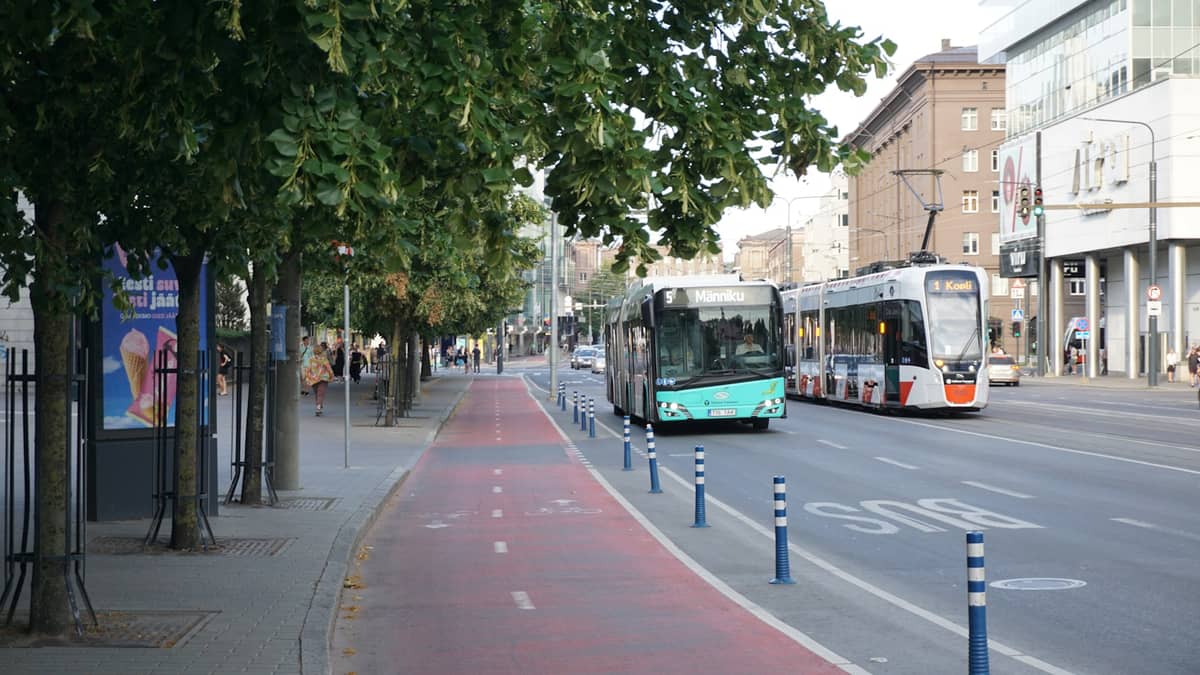 Eine Straßenszene in Tallinn: Ein moderner Stadtbus und eine markante Tallinner Straßenbahn fahren nebeneinander, gesäumt von Gebäuden und Bäumen.