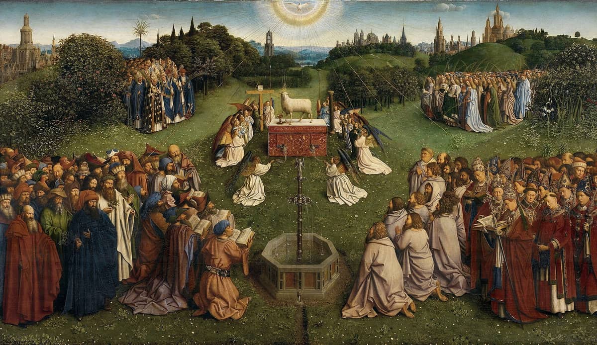 The Adoration of the Mystic Lamb panel from the Ghent Altarpiece, depicting groups of worshippers surrounding a lamb on an altar with radiant light above.