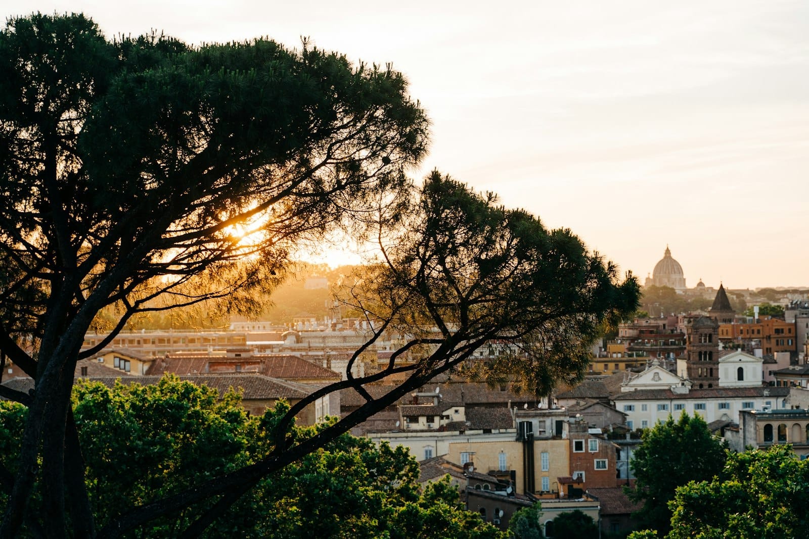 View from Giardino degli Aranci overlooking Rome’s cityscape at sunset, with leafy trees in the foreground and St. Peter’s Basilica in the distance.