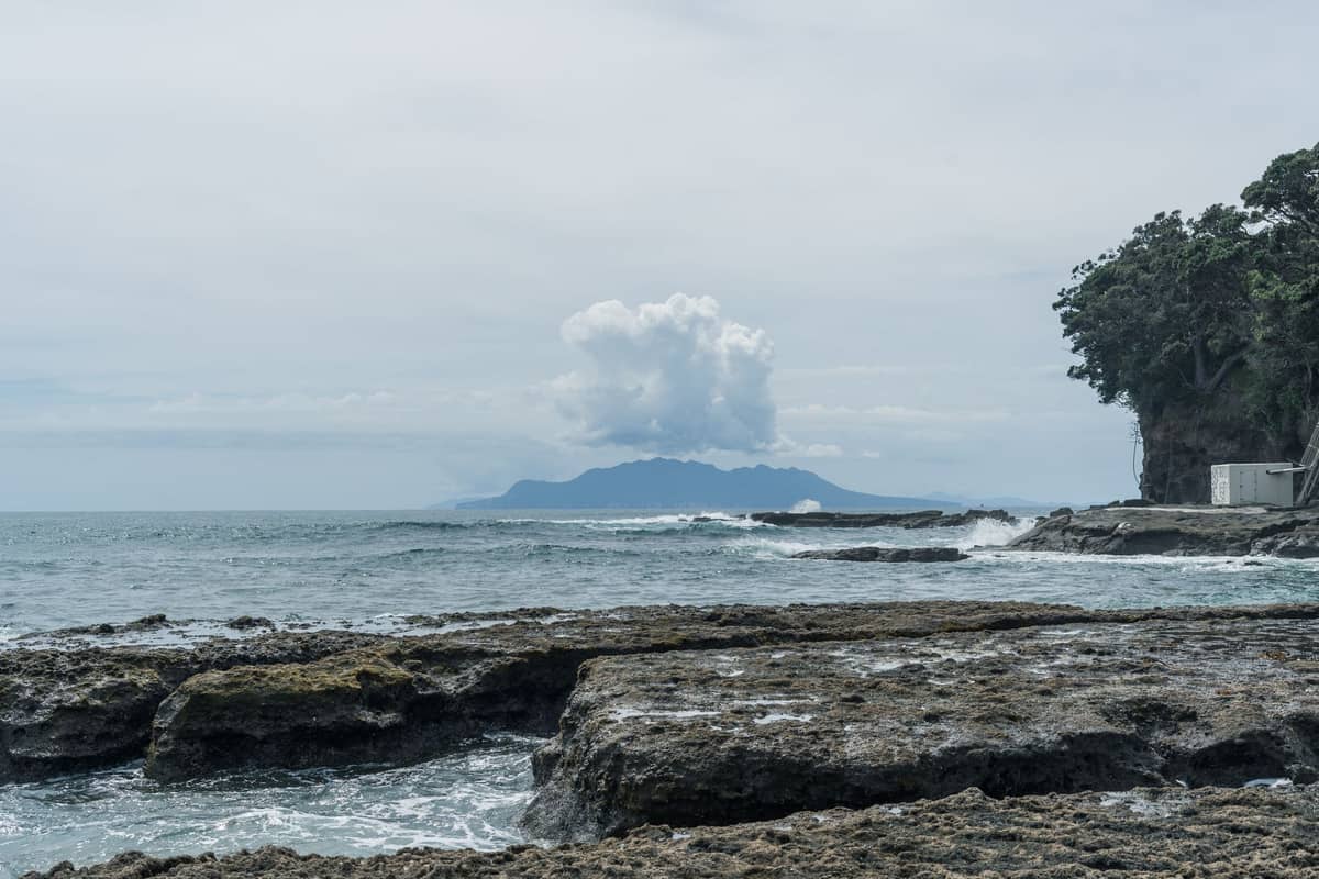 Felsiges Ufer des Goat Island Marine Reserve mit Wellen, einer vorgelagerten Insel und Vegetation auf der rechten Seite unter bewölktem Himmel.