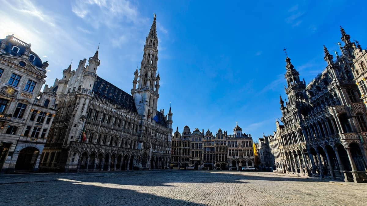 Vista panorâmica da Grand-Place de Bruxelas mostrando a câmara municipal gótica, as ornamentadas casas de guilda e a praça de paralelepípedos aberta sob um céu azul intenso.