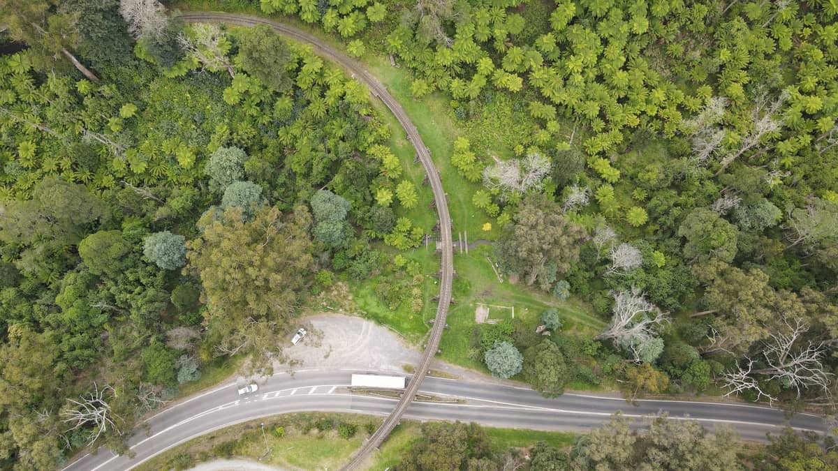 Luftaufnahme einer kurvenreichen Straße, die durch einen üppigen grünen Wald führt und eine malerische Fahrt inmitten der Natur zeigt.