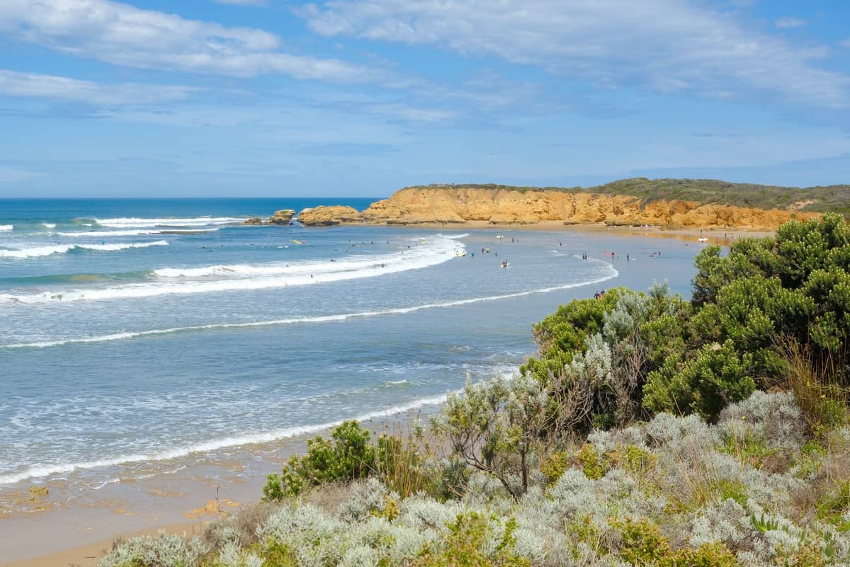 Breiter Sandstrand, sanfte Wellen und ockerfarbene Klippen entlang der Great Ocean Road an einem sonnigen Tag, mit Surfern im Wasser und Küstenvegetation im Vordergrund.