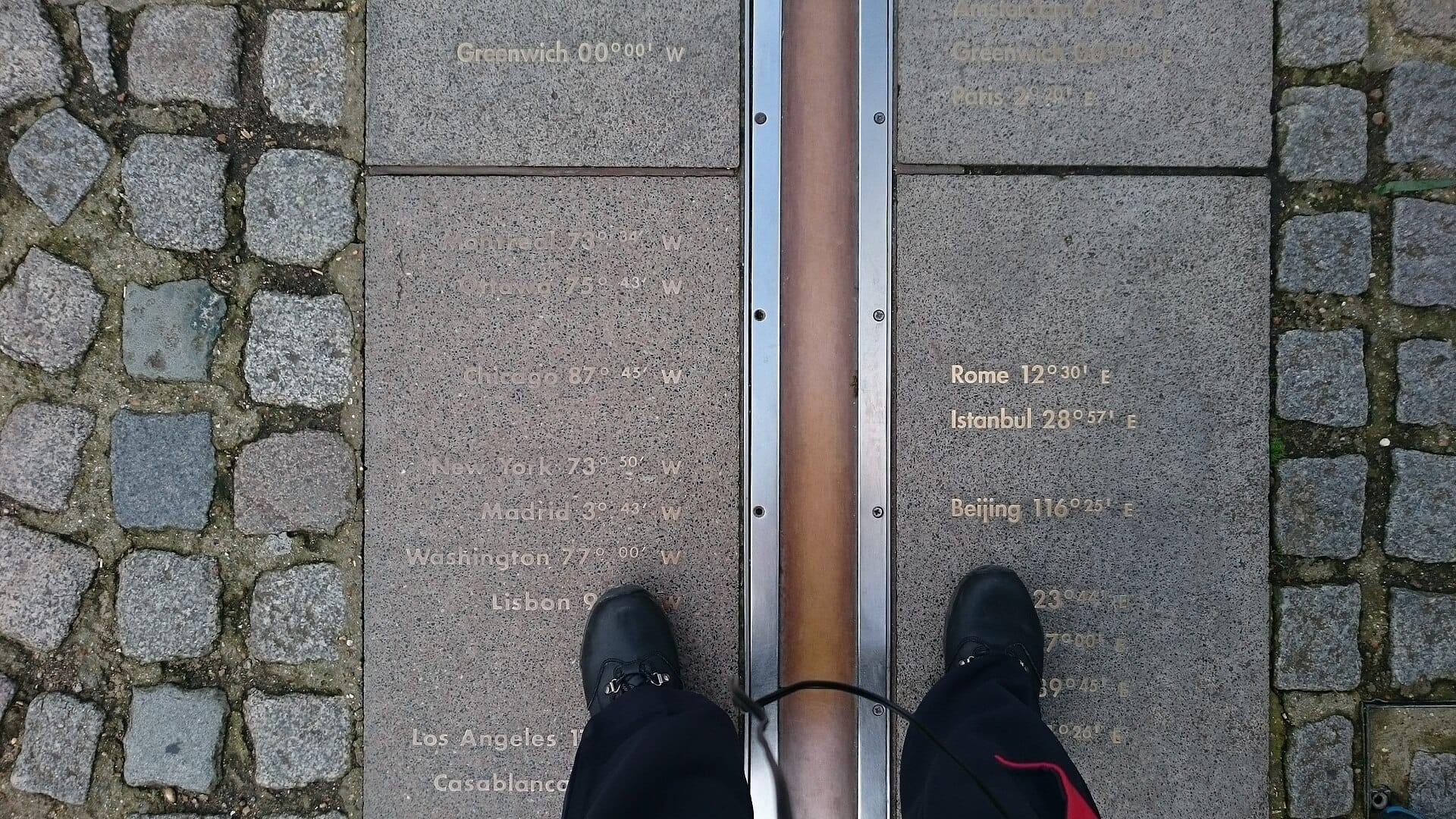 Vista di una persona in piedi con un piede su ciascun lato della Meridian Line al Royal Observatory Greenwich, con piastrelle di pietra e località incise visibili.