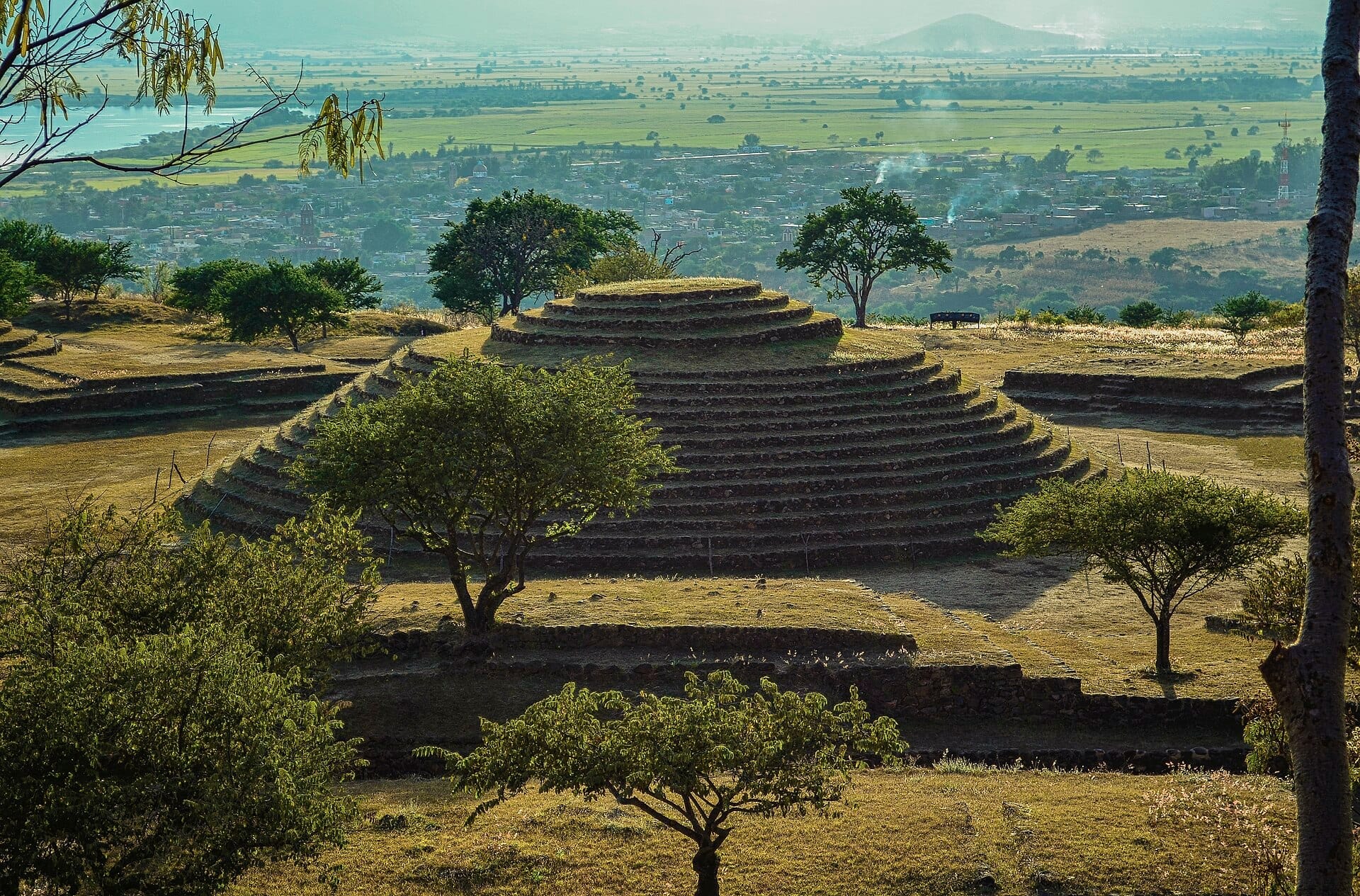 Piramide circolare a gradini a Guachimontones circondata da alberi, con la luce del sole che proietta ombre e una vista lontana sulla valle di Jalisco.