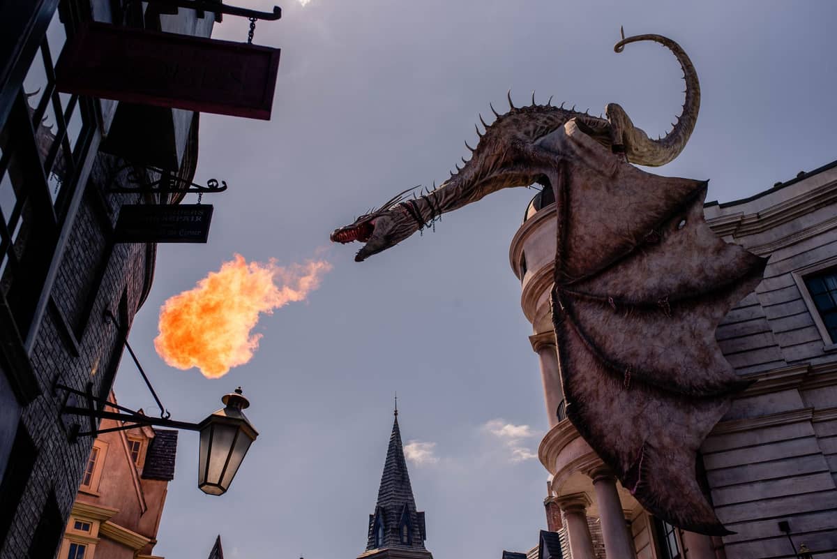 Fire-breathing dragon atop Gringotts Bank in The Wizarding World of Harry Potter at Universal Studios Florida, a major Halloween Horror Nights location.