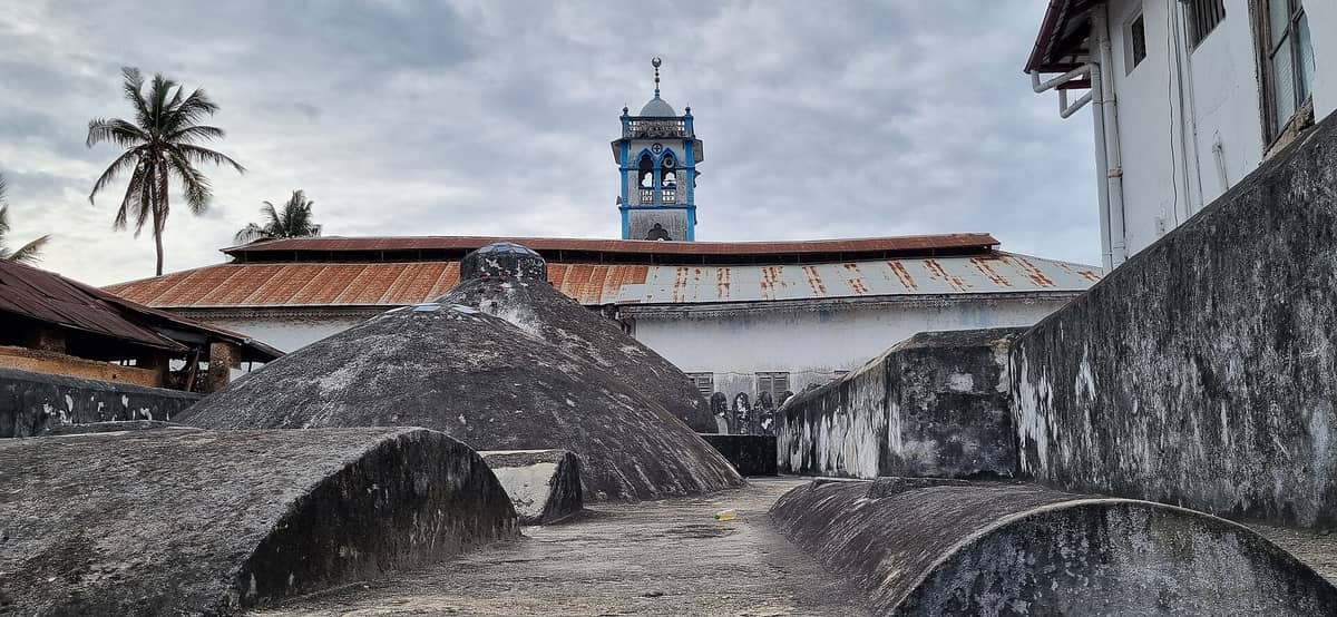 Kopuły na dachu historycznych łaźni Hamamni Persian Baths w Stone Town na Zanzibarze — w tle niebieska wieża, palmy i stare budynki.