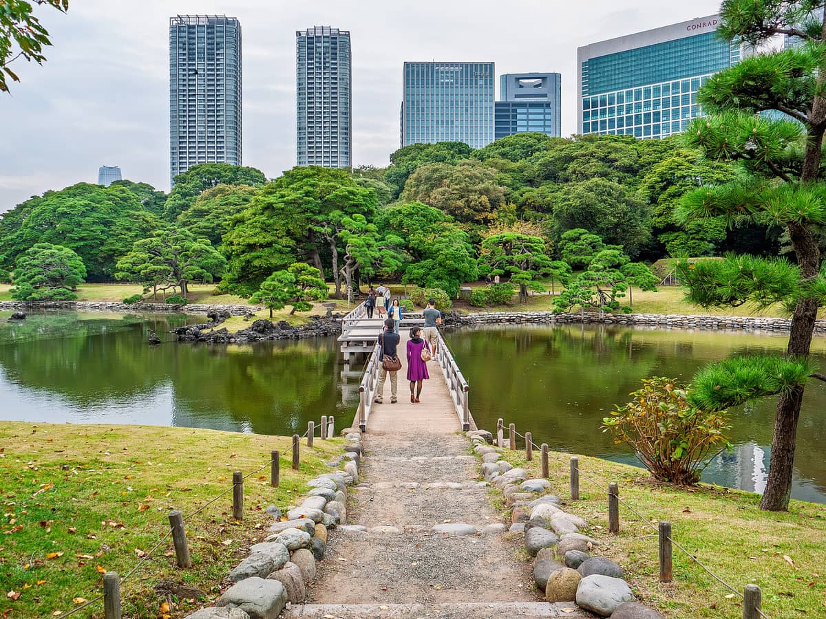 Stone path and wooden bridge leading into Hamarikyu Gardens, with a pond, manicured pine trees, and Shiodome skyscrapers in the background.