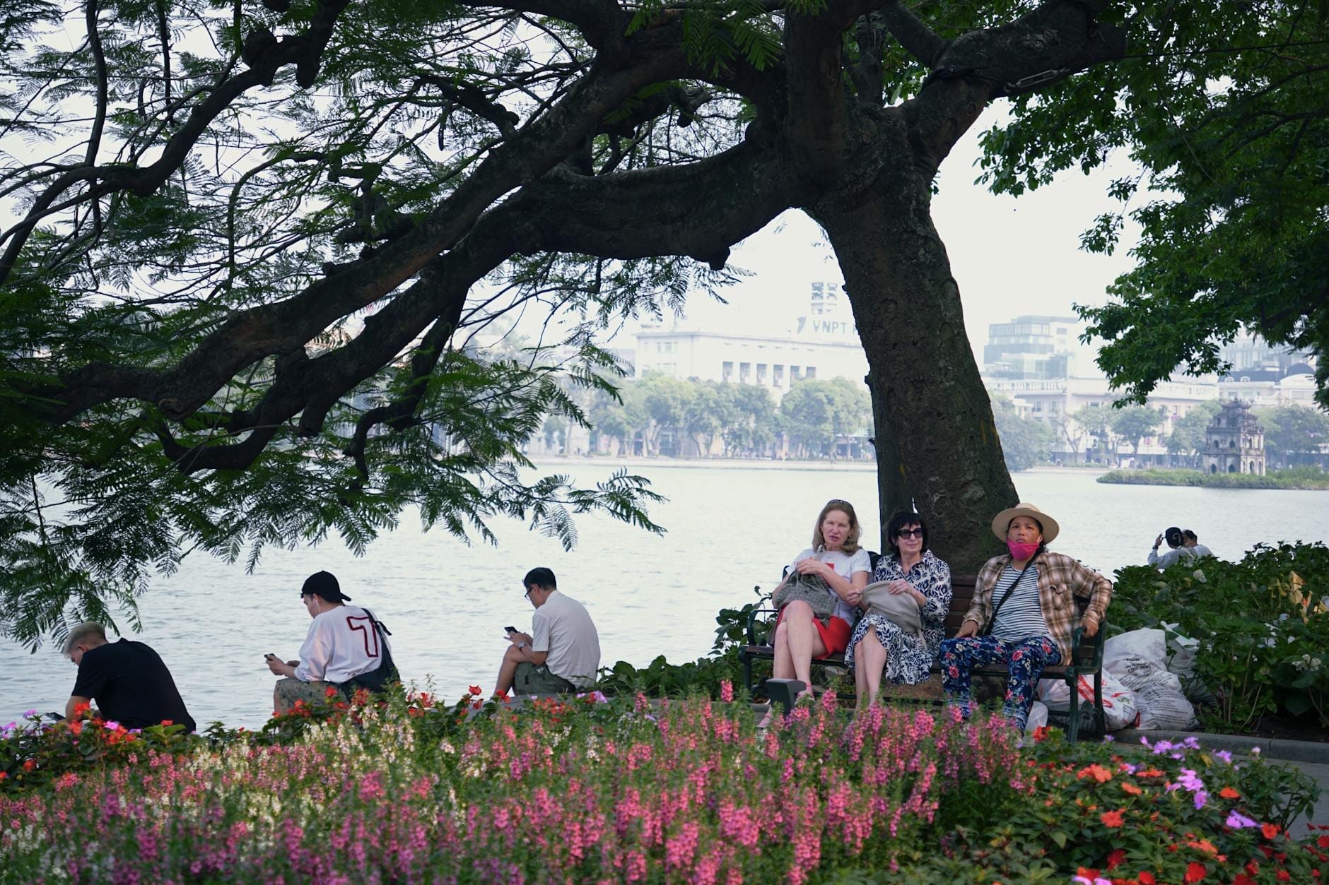 Visitors relax on benches beneath a large tree, surrounded by colorful flowers at the Hanoi Botanical Garden with a tranquil lake in the background.