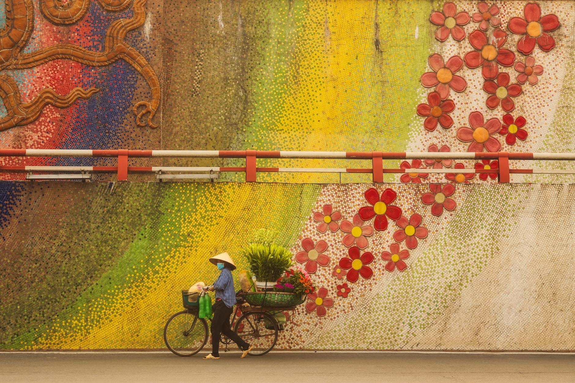 A person wearing a conical hat walks a bicycle loaded with plants and flowers past a vibrant section of the Hanoi Ceramic Mosaic Mural with colorful flowers and patterns.