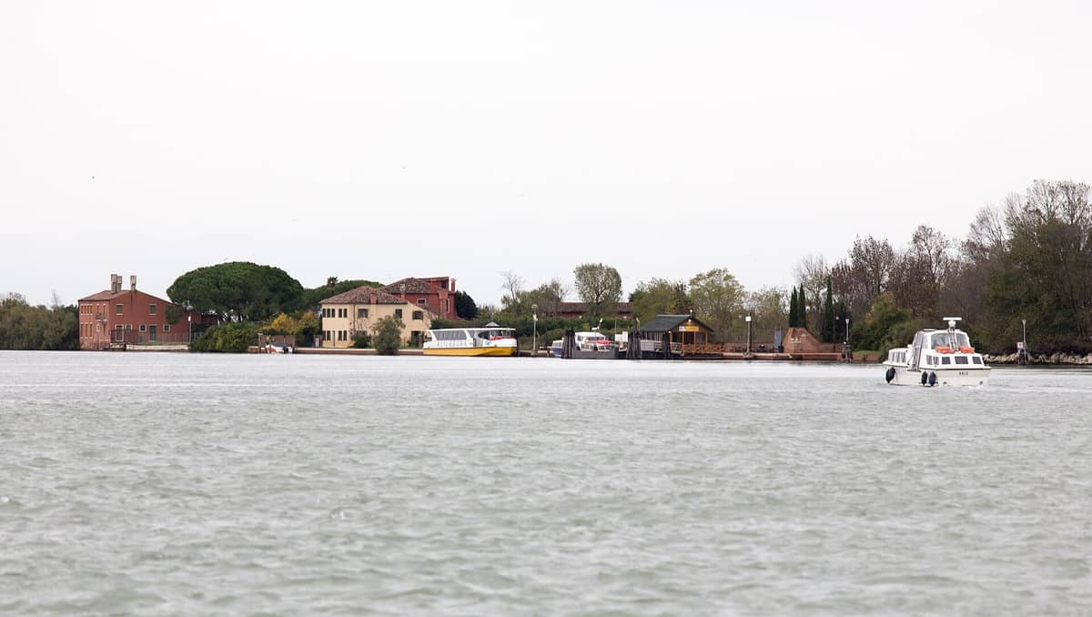 Fernansicht einer ruhigen Laguneninsel in Venedig mit einigen schlichten Gebäuden, Bäumen, Docks und Booten am Wasser unter einem bedeckten Himmel.