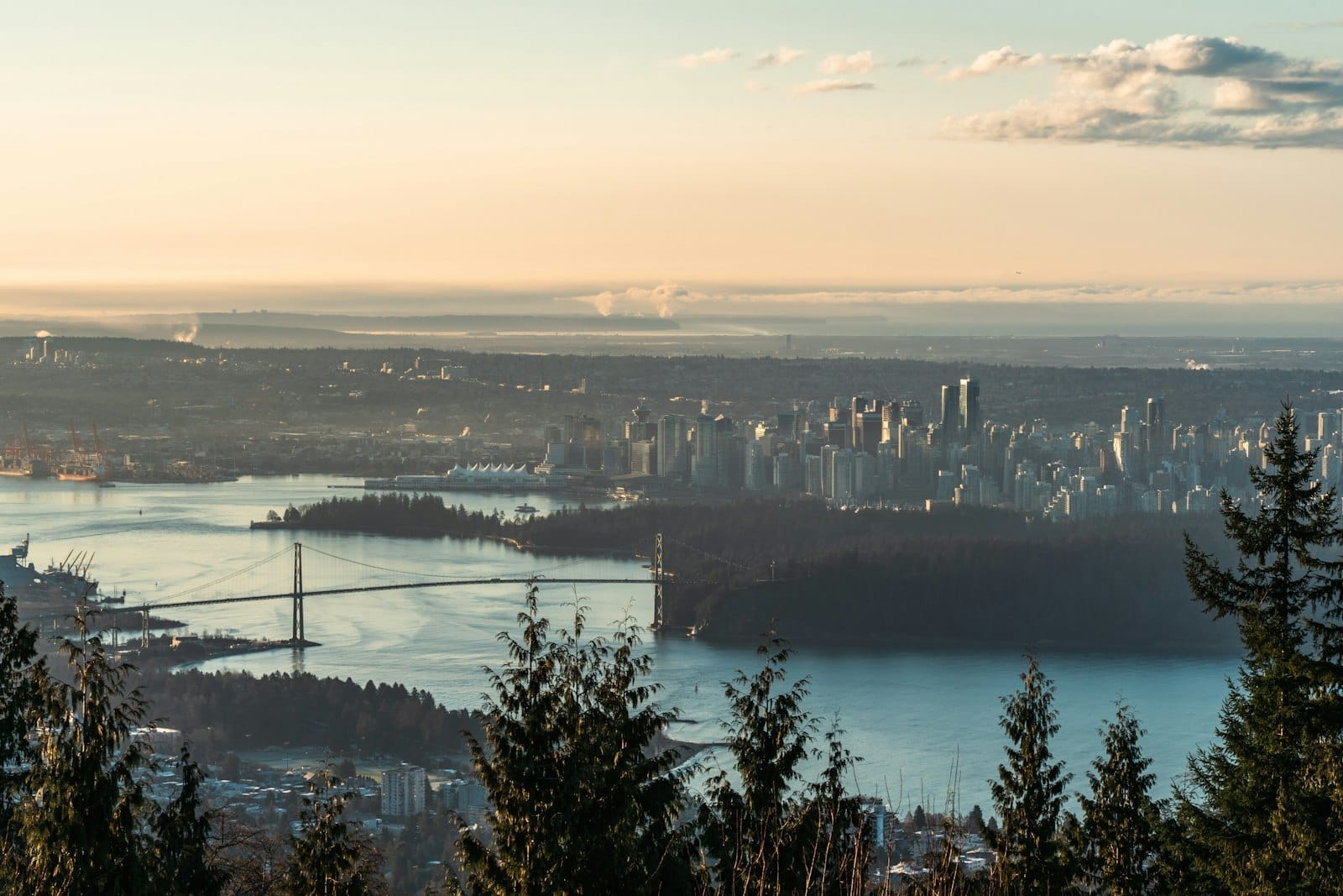 Vista panorâmica do skyline de Vancouver e da Lions Gate Bridge vista de uma trilha de montanha entre a floresta ao amanhecer, com água e a cidade ao fundo.