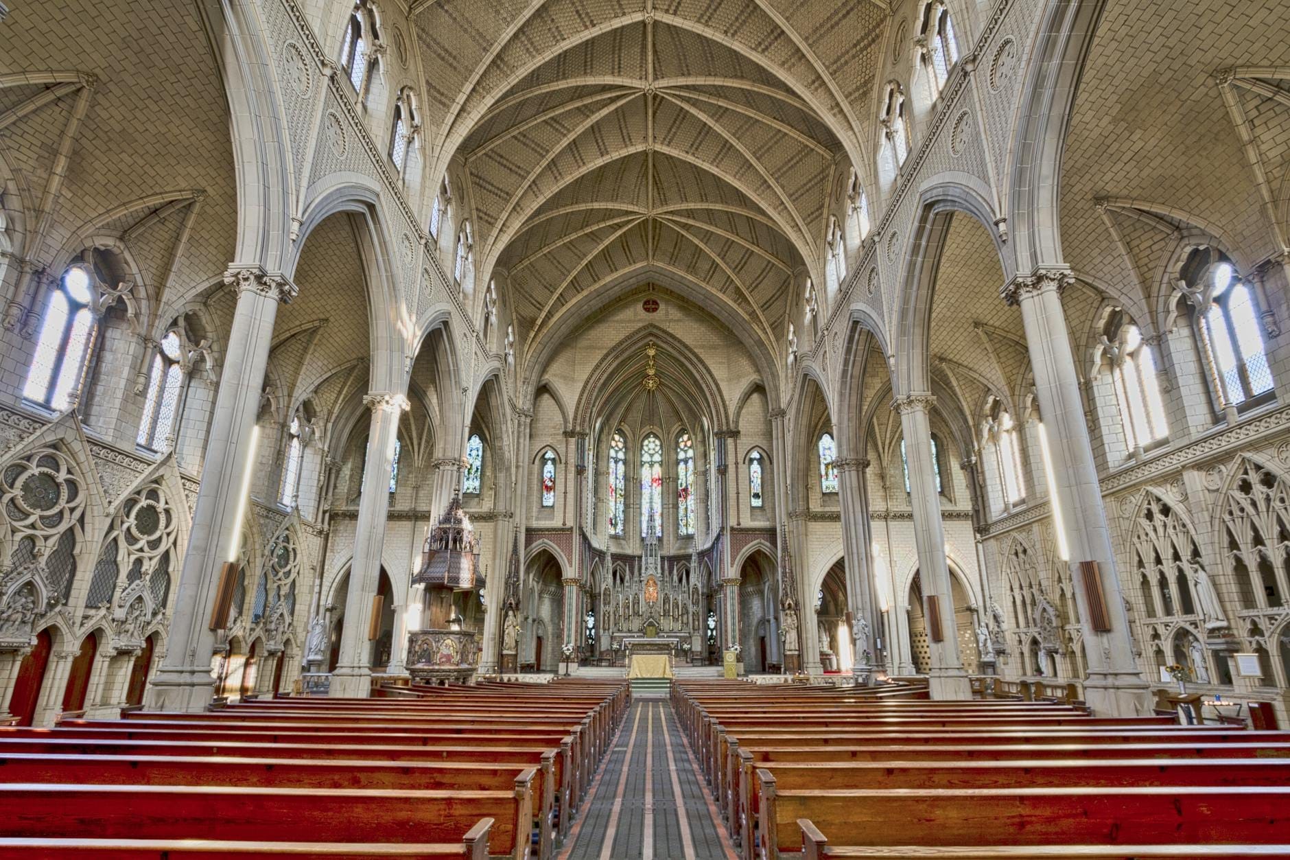 Vista grandangolare della maestosa navata gotica della Holy Name Cathedral, con archi svettanti, vetrate istoriate e banchi in legno rosso che conducono all'altare riccamente decorato.