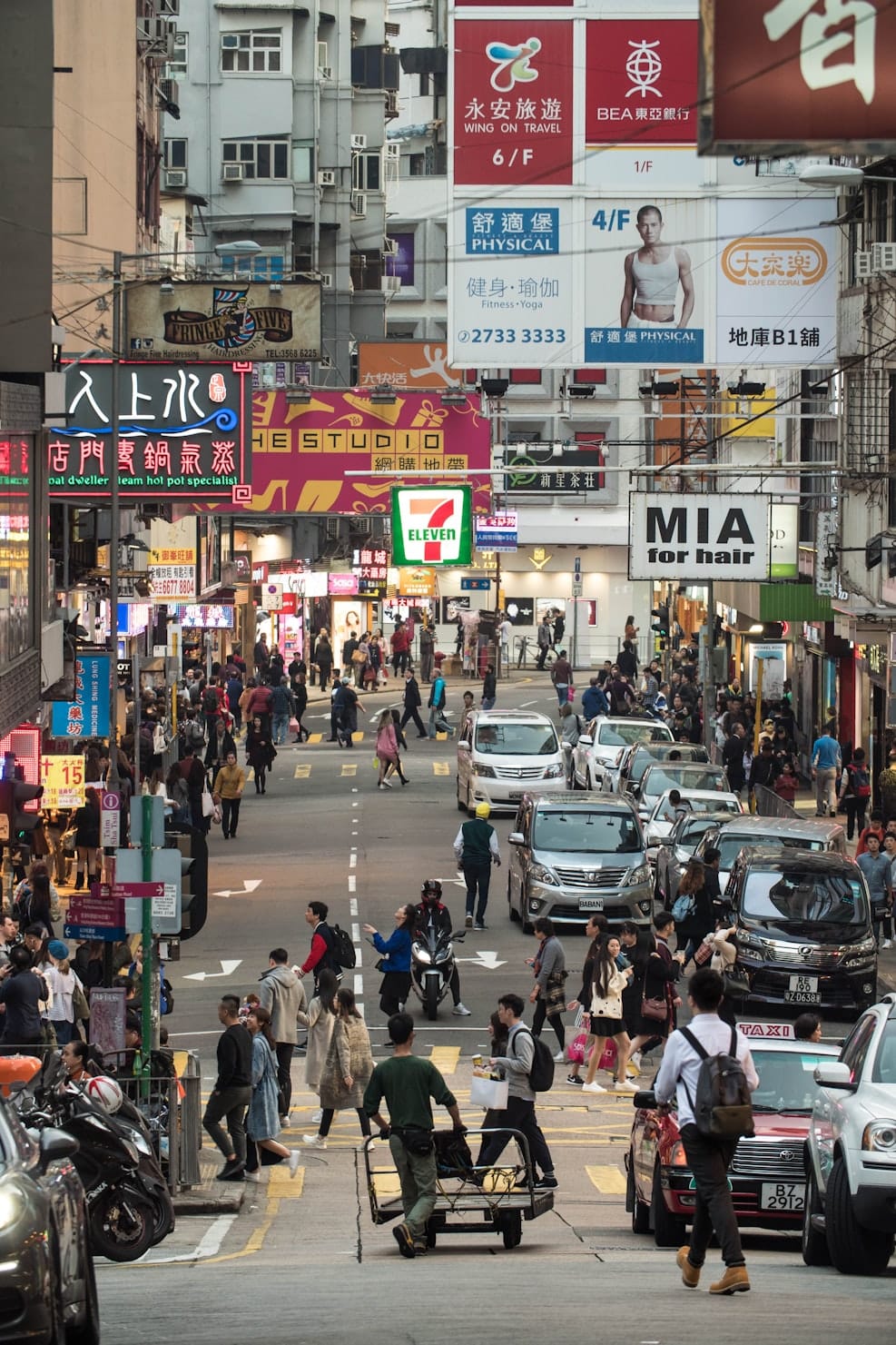 Rue bondée à Hong Kong avec trafic piéton, voitures, néons et immeubles denses