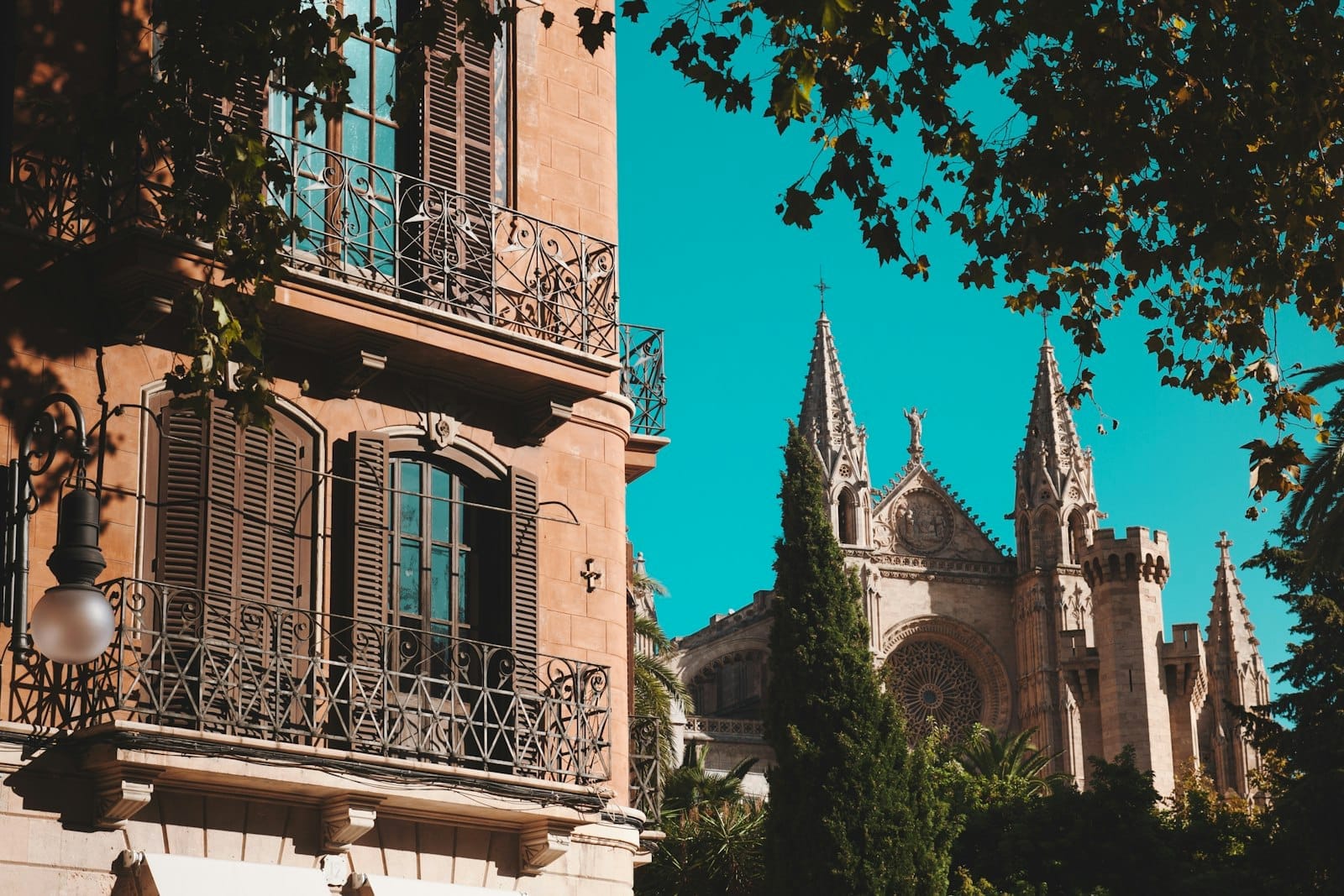 Vista das torres da Catedral de Palma emergindo acima de árvores frondosas, ao lado de um edifício mallorquino tradicional com persianas de madeira e varandas de ferro forjado.