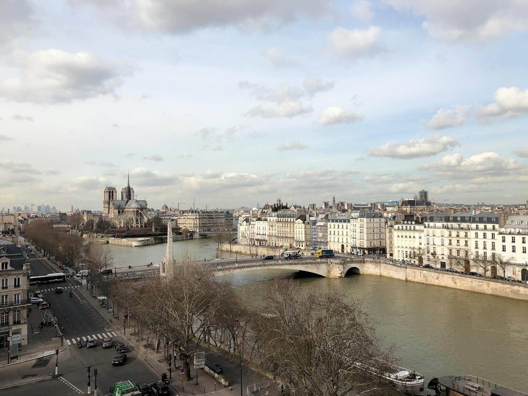 Vista panoramica dell'Île Saint-Louis a Parigi: eleganti edifici in pietra, ponti, la Senna e Notre-Dame sullo sfondo sotto un cielo nuvoloso.